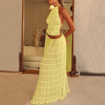 Sexy Sleeveless Backless Cropped Halter Top Pleated Long Skirt & Top Co-ord Set Yellow