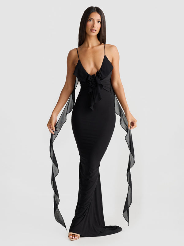 Sexy V-neck Backless Strap Fishtail Evening Fitted Maxi Dress Black