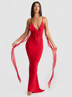 Sexy V-neck Backless Strap Fishtail Evening Fitted Maxi Dress Red