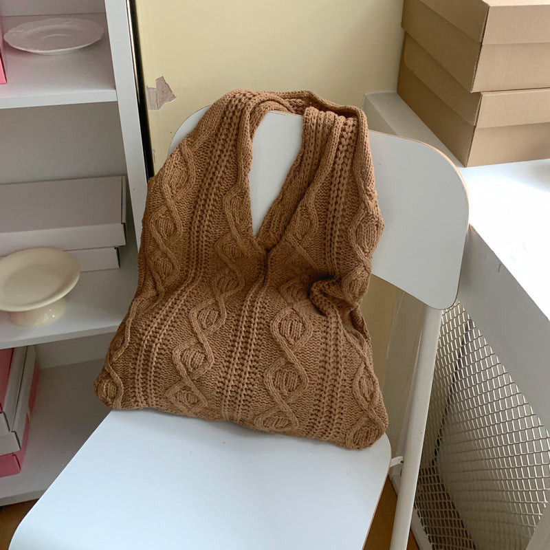 Shoulder Knitted Woolen Crochet Tote Bag Coffee 55x37x2