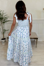 Sky Blue Floral Smocked Tied Straps A-Line Tiered Maxi Dress