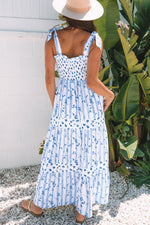 Sky Blue Floral Smocked Tied Straps A-Line Tiered Maxi Dress