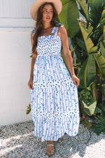 Sky Blue Floral Smocked Tied Straps A-Line Tiered Maxi Dress