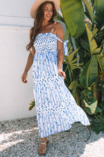 Sky Blue Floral Smocked Tied Straps A-Line Tiered Maxi Dress