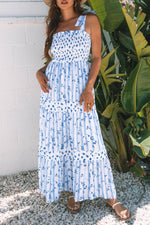 Sky Blue Floral Smocked Tied Straps A-Line Tiered Maxi Dress