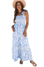 Sky Blue Floral Smocked Tied Straps A-Line Tiered Maxi Dress