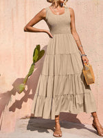 Sleeveless Round Neck Pleated A-line Maxi Dress Khaki