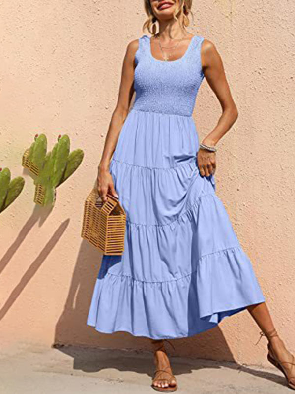 Sleeveless Round Neck Pleated A-line Maxi Dress