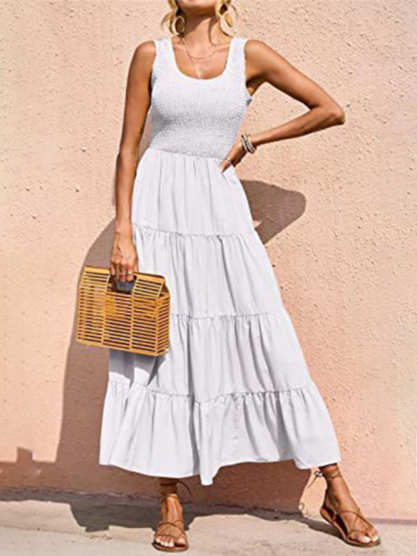 Sleeveless Round Neck Pleated A-line Maxi Dress White
