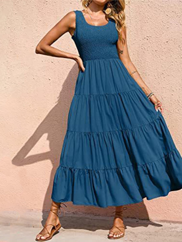 Sleeveless Round Neck Pleated A-line Maxi Dress