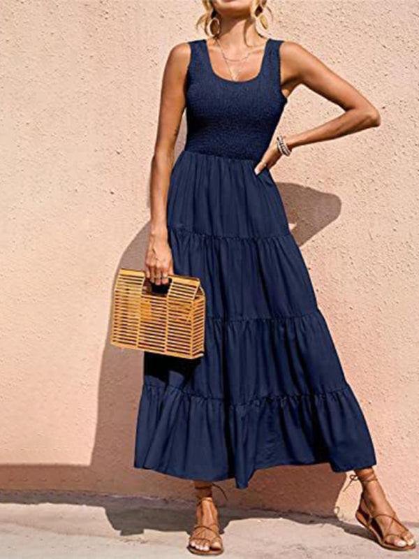 Sleeveless Round Neck Pleated A-line Maxi Dress Blue