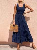 Sleeveless Round Neck Pleated A-line Maxi Dress Blue