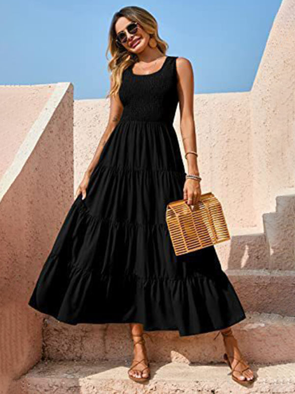 Sleeveless Round Neck Pleated A-line Maxi Dress