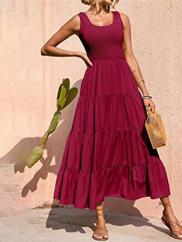 Sleeveless Round Neck Pleated A-line Maxi Dress Red