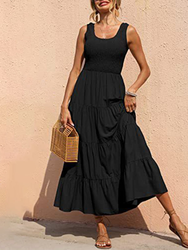 Sleeveless Round Neck Pleated A-line Maxi Dress Black