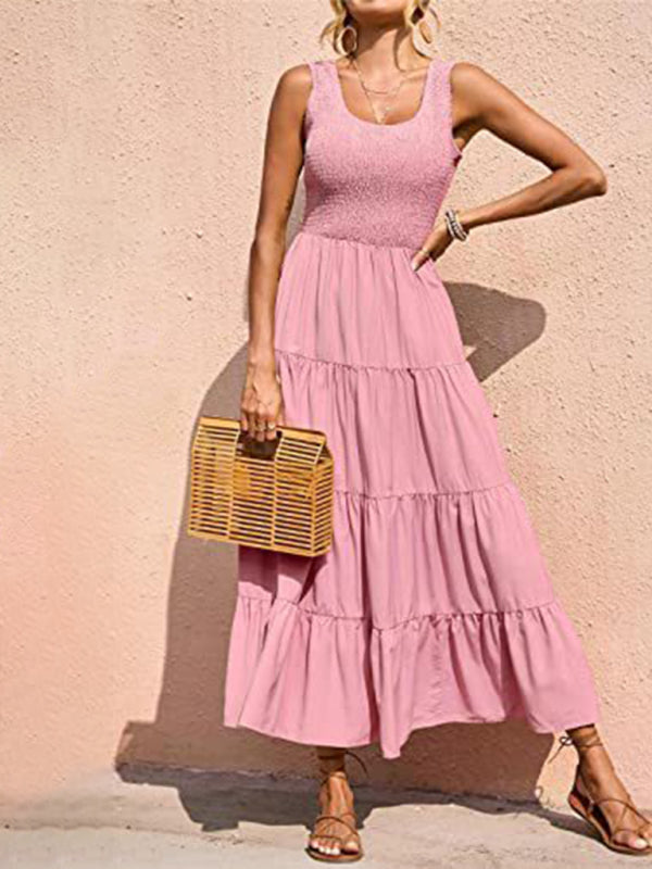 Sleeveless Round Neck Pleated A-line Maxi Dress Pink