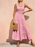 Sleeveless Round Neck Pleated A-line Maxi Dress Pink