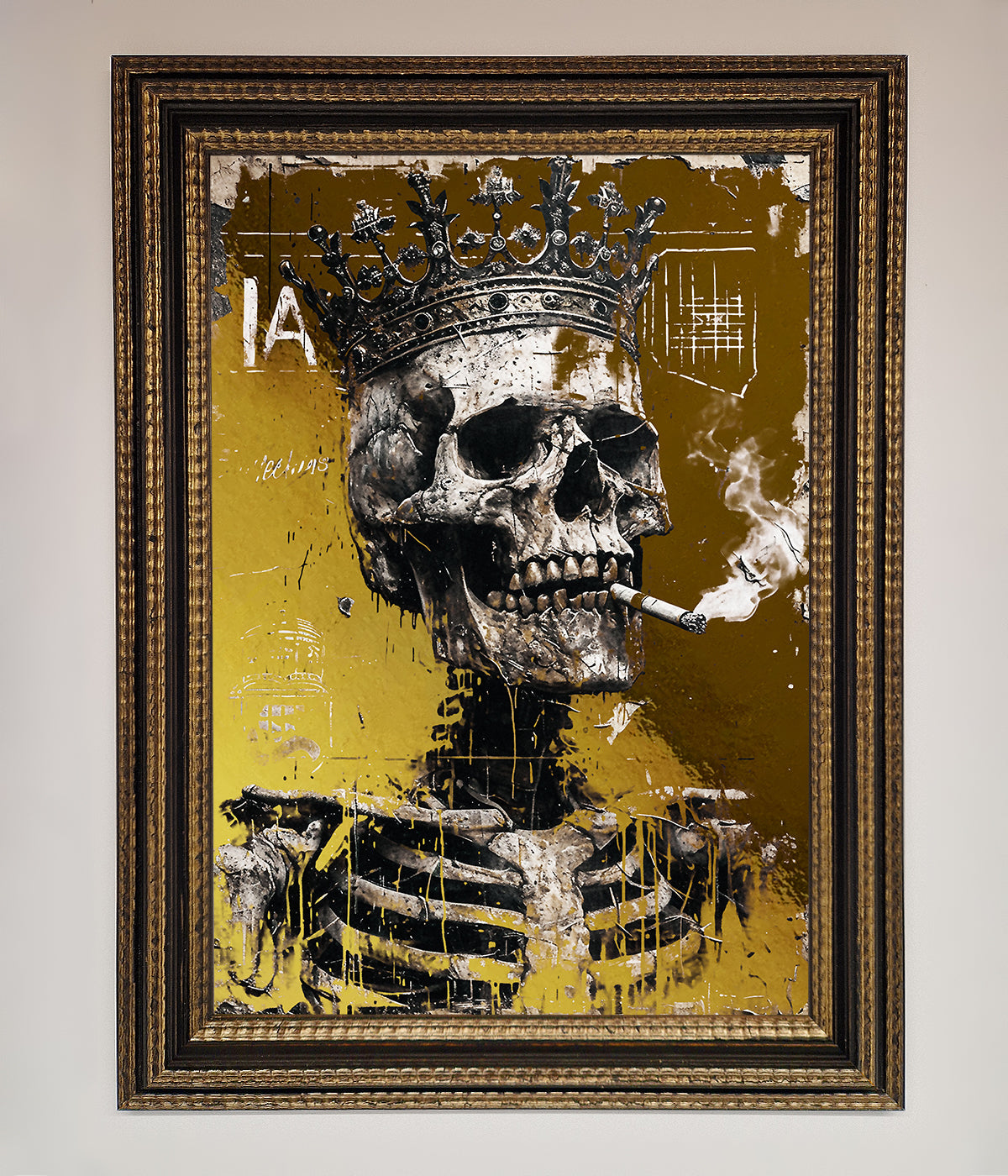 Smoking King Skull Foil Print Ornate Gold Black