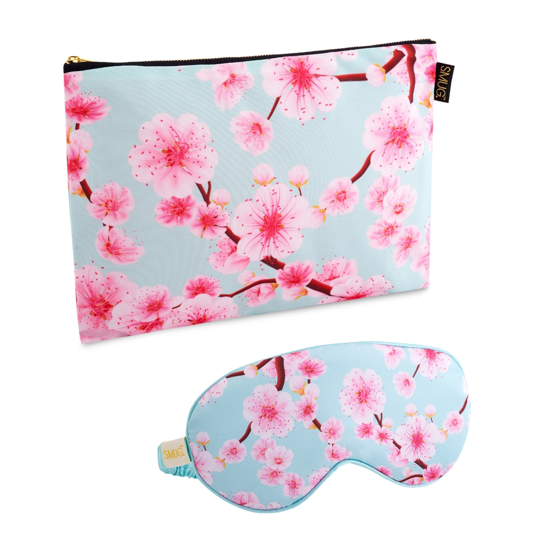 Satin Sleep Mask & Accessories Bag Set - Cherry Blossom Print