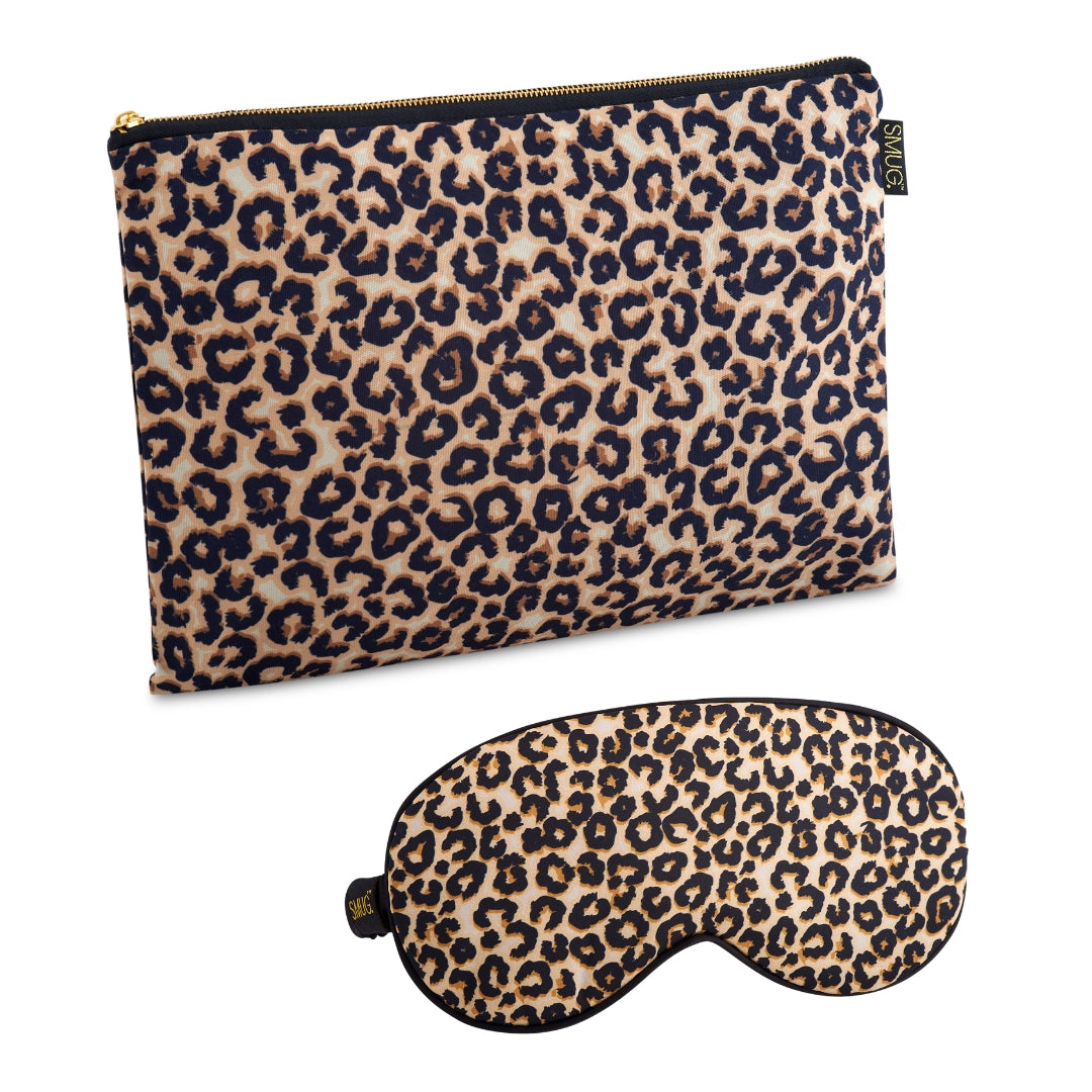 Satin Sleep Mask & Accessories Bag Set - Leopard Print