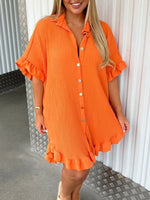 Solid Colour Shirt Dress Ruffle Sleeve Irregular Shirt Day Dress Orange Red