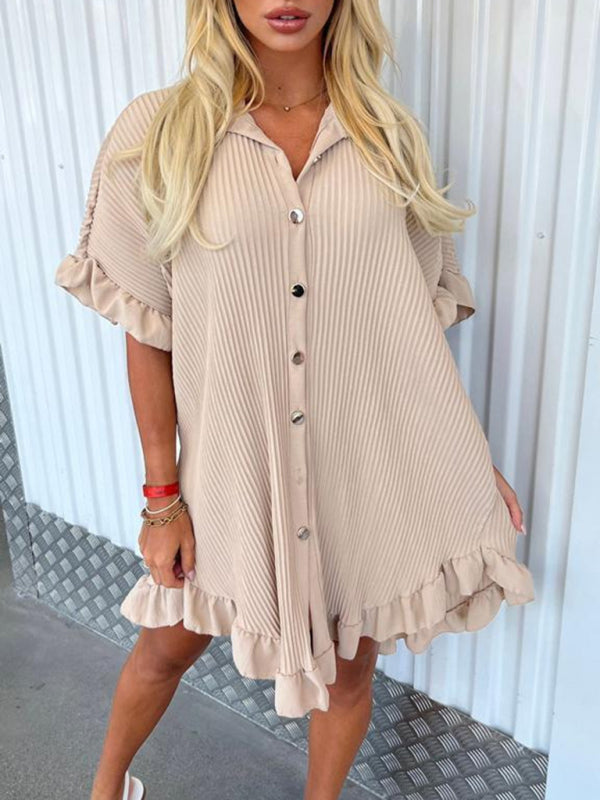 Solid Colour Shirt Dress Ruffle Sleeve Irregular Shirt Day Dress Beige