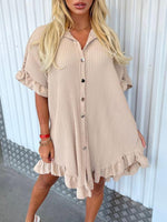 Solid Colour Shirt Dress Ruffle Sleeve Irregular Shirt Day Dress Beige