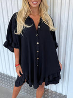 Solid Colour Shirt Dress Ruffle Sleeve Irregular Shirt Day Dress Black