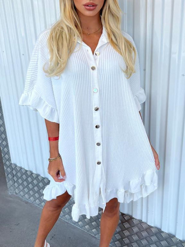 Solid Colour Shirt Dress Ruffle Sleeve Irregular Shirt Day Dress White