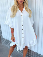 Solid Colour Shirt Dress Ruffle Sleeve Irregular Shirt Day Dress White