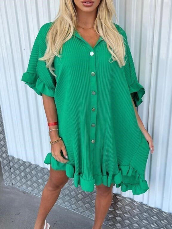 Solid Colour Shirt Dress Ruffle Sleeve Irregular Shirt Day Dress Green