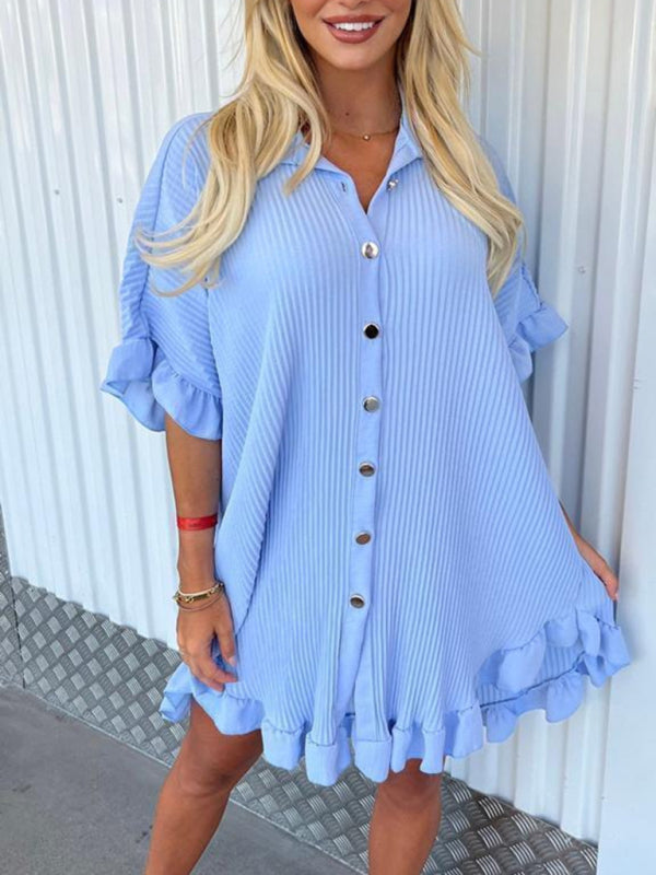 Solid Colour Shirt Dress Ruffle Sleeve Irregular Shirt Day Dress