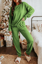 Spinach Green Long Sleeve Pullover and Jogger Pants Loungewear Set Spinach Green 95%Polyester+5%Elastane