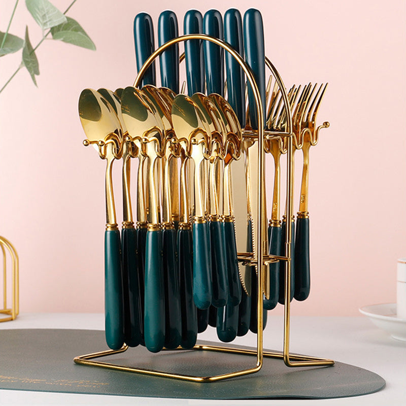 Stainless Steel Cutlery Gift Set Bamboo Wood Gold & Green Ceramic Set