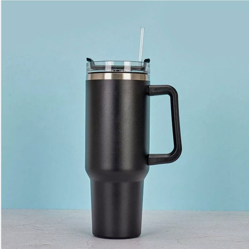 Stainless Steel Water Tumbler 40 Oz Cup Handle Straw Insulated Bottle Dupe Mug Black