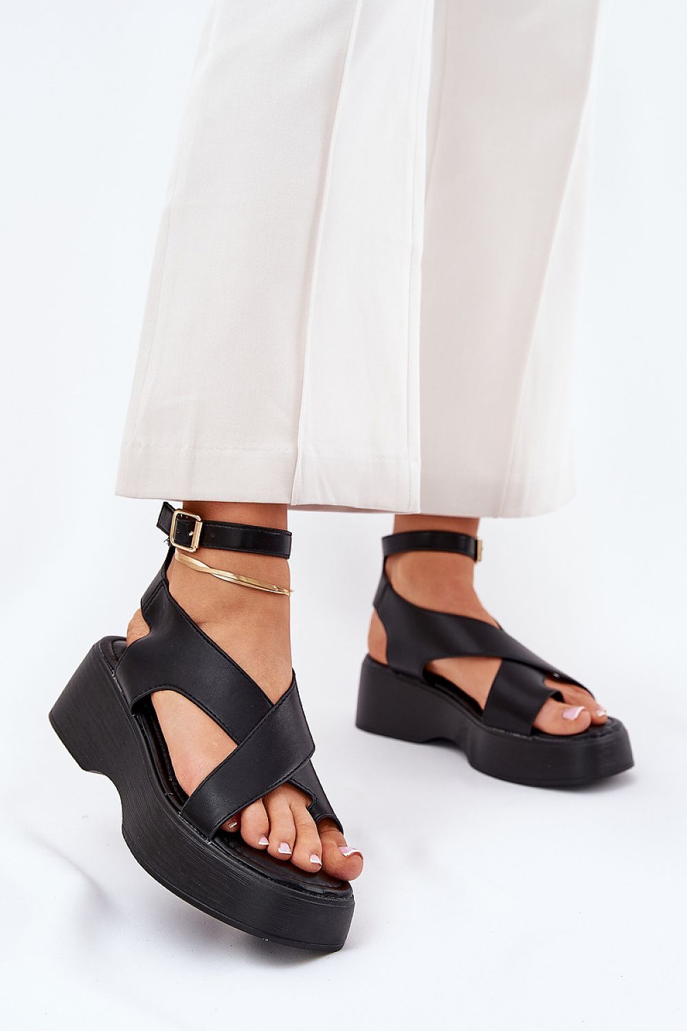 Step In Style Eco-Leather Platform Wedge Buskin Sandals black