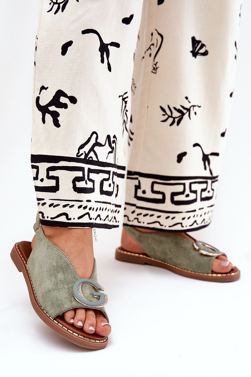 Step In Style Flat Eco-Suede Sandals with Adjustable Buckle green