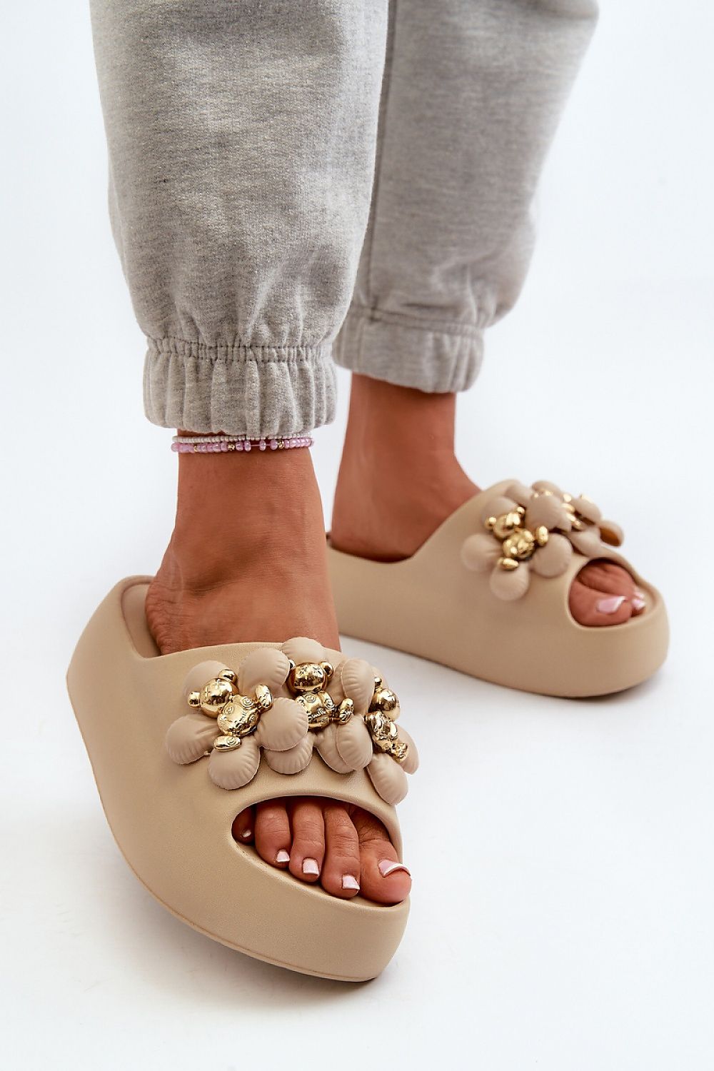 Step In Style Lightweight Foam Flip-Flops with Embellished Straps beige