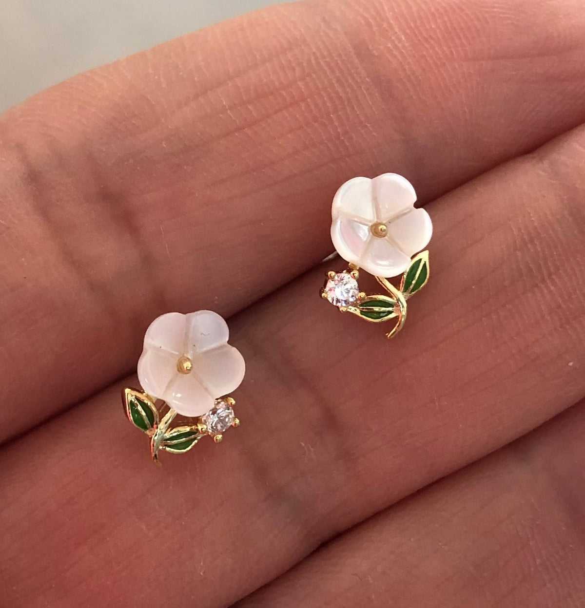 Studs with Spring flowers NO 5 White Yellow Gold Plated Silver
