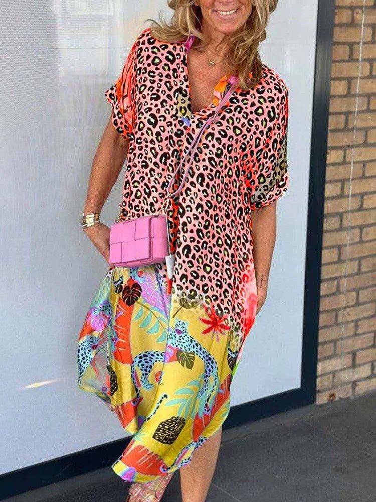 Summer Fashion Women's Semi-Open Collar Print Loose Dress Orange