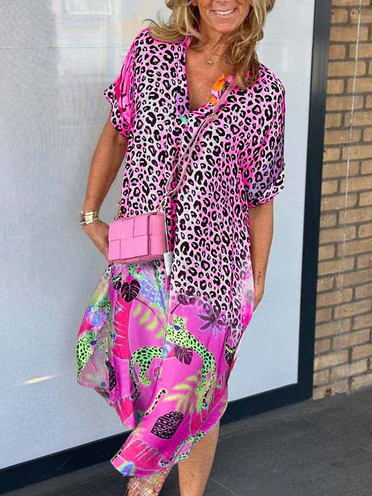 Summer Fashion Women's Semi-Open Collar Print Loose Dress Pink