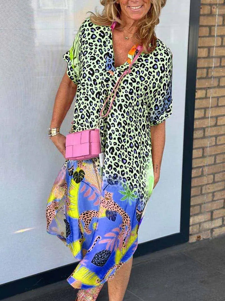 Summer Fashion Women's Semi-Open Collar Print Loose Dress Green