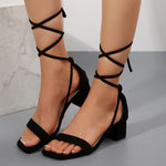 Summer Lace-up Sandals Fashion Square Toe Chunky Heel Shoes For Women Black