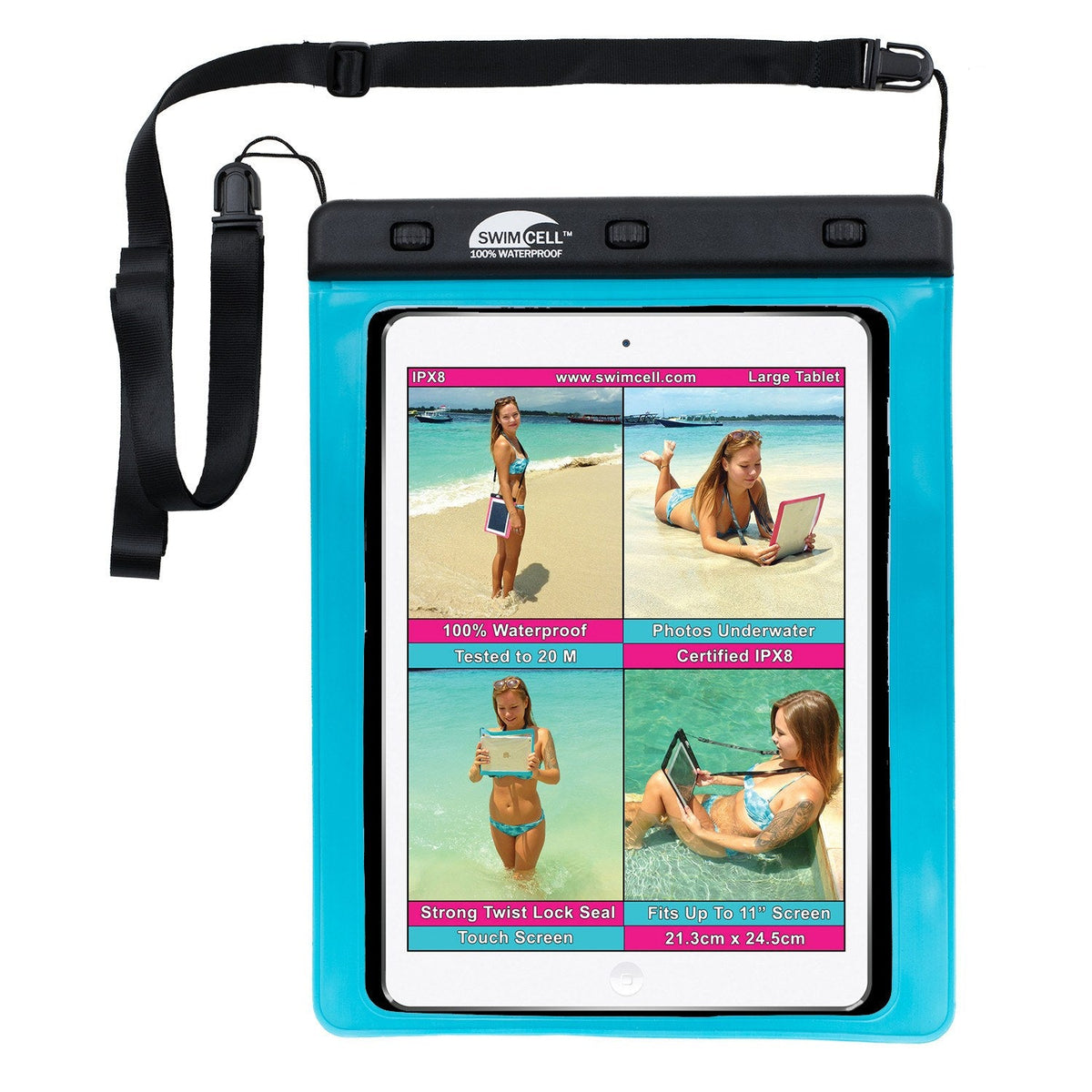 SwimCell Waterproof Tablet Case - Large (up to 21 x 24cm) Aqua Blue