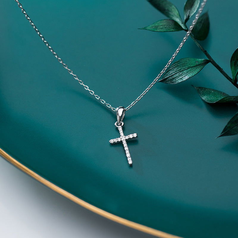 Theresa Silver Simple Diamond Cross Pendant Necklace