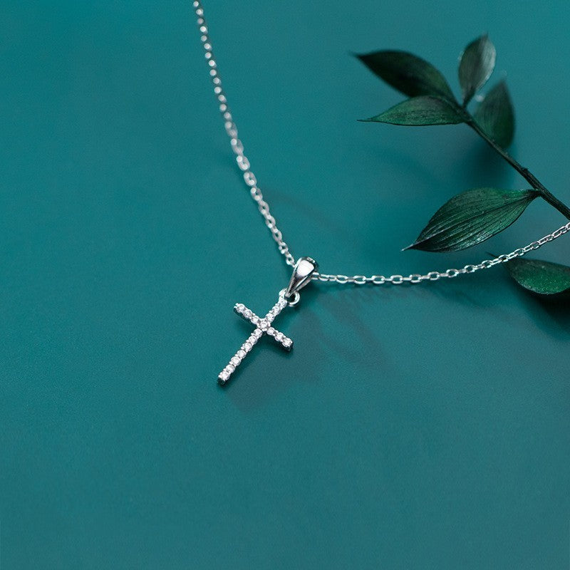 Theresa Silver Simple Diamond Cross Pendant Necklace