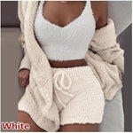 Three Piece Fashionable Ladies Fleece Loungewear Set Beige