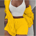 Three Piece Fashionable Ladies Fleece Loungewear Set Lemon Yellow