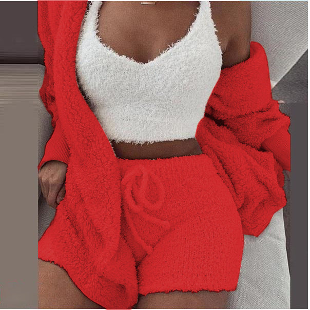 Three Piece Fashionable Ladies Fleece Loungewear Set Red