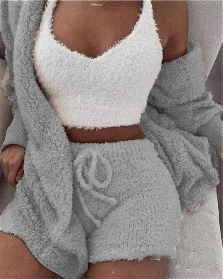 Three Piece Fashionable Ladies Fleece Loungewear Set Silver Grey